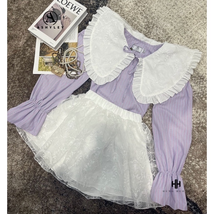 Set áo sơmi cổ sen mix chân váy ren