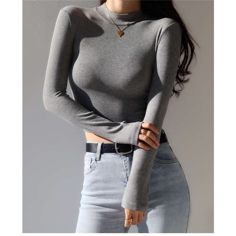 Cocory vn Áo Thun Tay Dài Cổ Tròn Màu Trơn Dáng Ôm Đơn Giản Thời Trang Retro Mỹ Cho Nữ