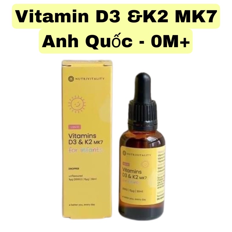 Vitamin D3 K2 MK7, Vitamin D cho bé từ sơ sinh - D3K2 MK7 Infant Dropper của hãng Nutrivitality lọ 30ml