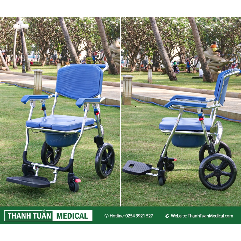 Xe lăn kết hợp ghế bô vệ sinh đa năng BÁNH LỚN GBM-018 khung hợp kim nhôm siêu bền - Có đệm, Bánh xe, Chỗ gác chân