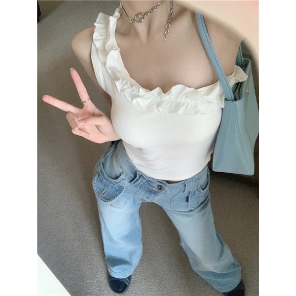 Áo Hai Dây Dáng Ôm Ngắn Hở Vai Màu Trắng Thời Trang Hàn Quốc Dành Cho Bạn Gái