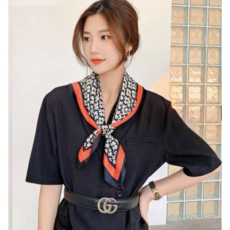 Khăn turban lụa vuông cao cấp choàng cổ size 70x70cm thanh lịch đa năng dùng làm áo yếm in hình hoa