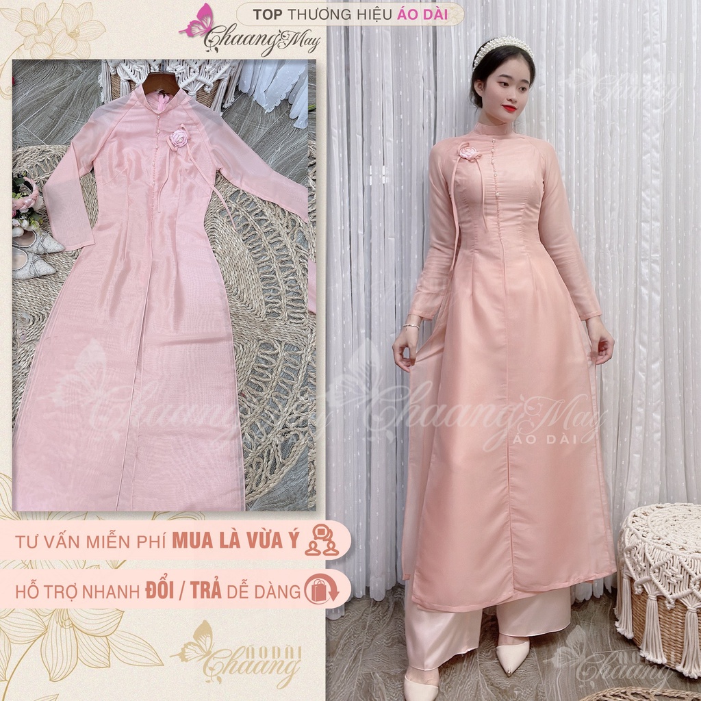 Áo dài cách tân nữ Tú Lệ hồng đỏ đô Chaang may sẵn lụa tơ xẻ 4 tà đính hoa nơ dự tiệc cưới lễ tết đẹp ADC687