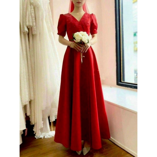 Váy cưới cô dâu đi bàn dự tiệc tiểu thư tay phồng cổ chéo đính ngọc