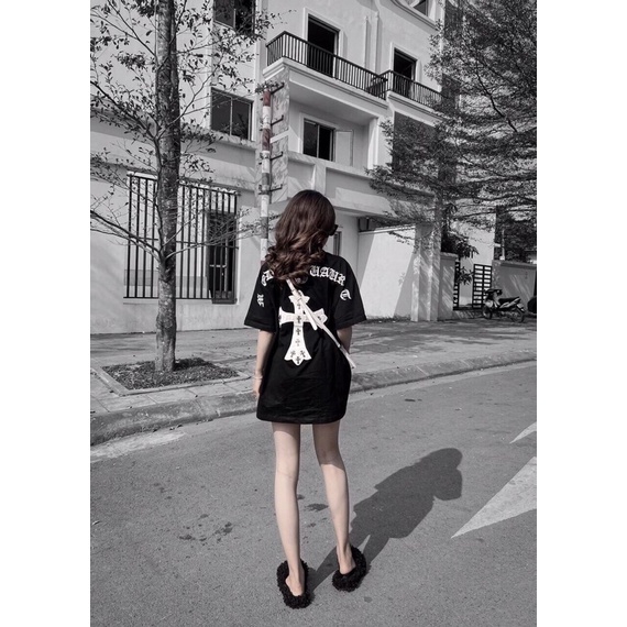 [Hàng Hot] Áo Thun Chữ Thập In 2 Mặt Phong Cách Hy Lạp Form Rộng Màu Đen Trắng