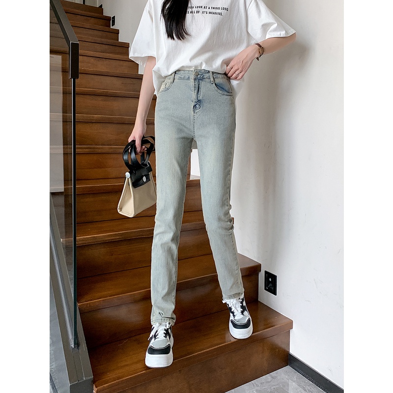 ZHELIHANGFEI Quần Jean Dài Lưng Cao Dáng Ôm Kiểu Retro Mỹ Cá Tính
