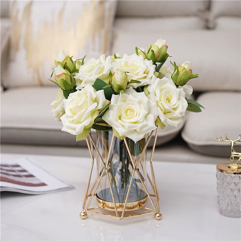 Lọ hoa thuỷ tinh khung thép lồng đèn Qhouse , bình hoa decor trang trí phòng khách để bàn tiệc lọ nến cao cấp
