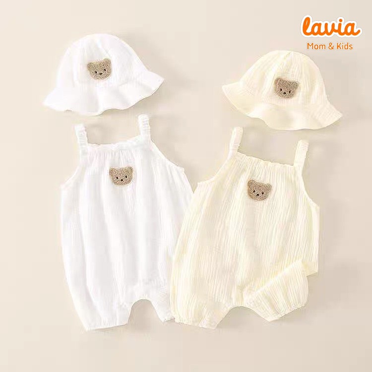 Set áo liền quần kèm mũ hình gấu cho bé dễ thương thời trang mùa hè chất liệu cotton thoáng mát dành cho bé trai bé gái