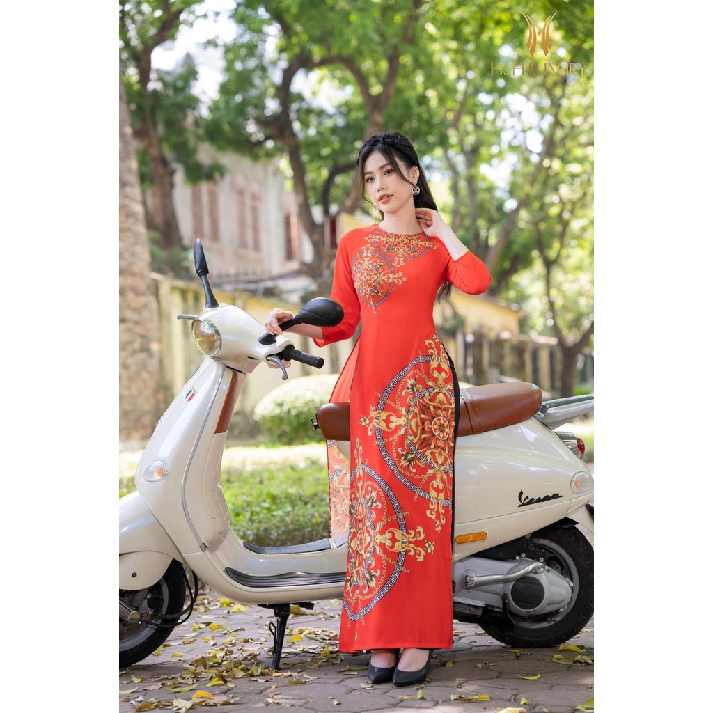 Áo dài nữ lụa Nhật MINH KHANG in 6D may sẵn in hình hoa văn phong cách trưởng thành