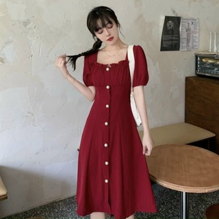 Đầm cổ vuông nút ngọc 2 màu