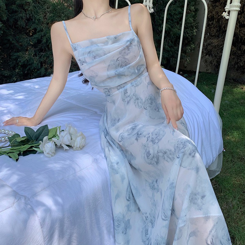 Đầm maxi hoa xanh tiểu thư nhẹ nhàng