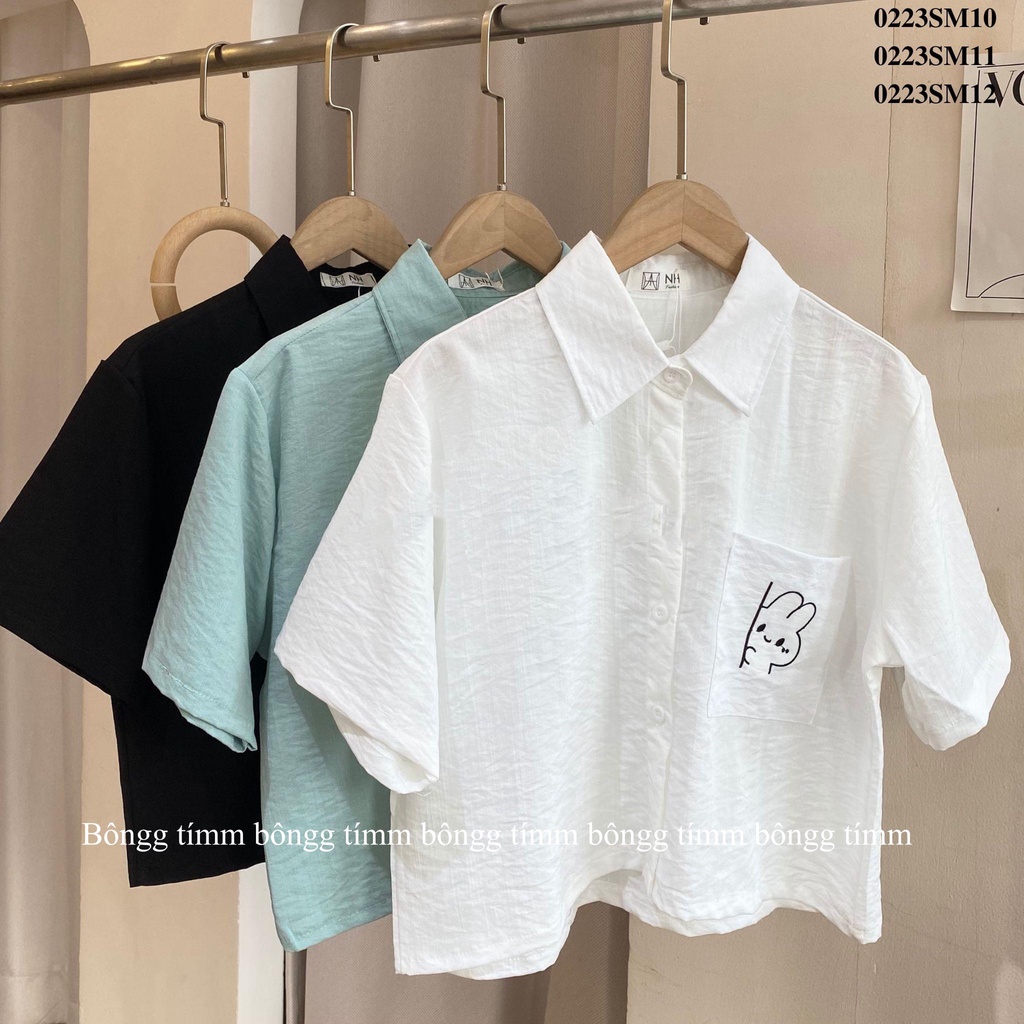 Áo croptop thêu hình dễ thương vải đũi hàn