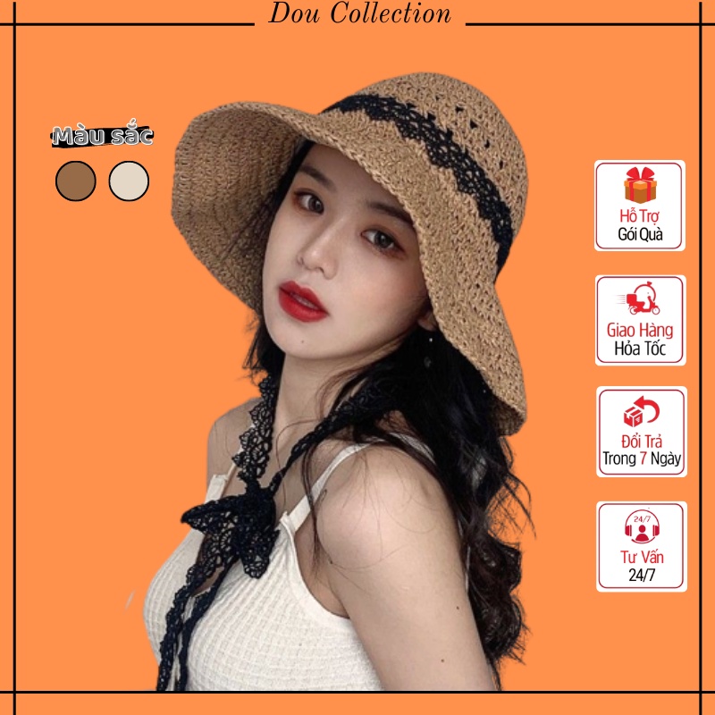 Mũ cói đi biển nữ đẹp mềm, Nón che nắng mềm dễ dàng gấp gọn phối dây ren đen màu nâu, be thời trang mùa hè - Mã NC035