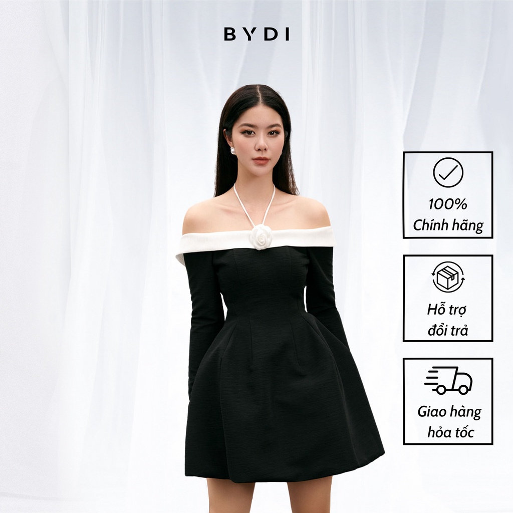 Váy Trễ Vai Kiểu Nữ BYDI Design Đầm thiết kế bẹt vai nhấn phụ kiện hoa Phối Dây Cổ Cực Xinh BYDI Fashion | ELLY DRESS