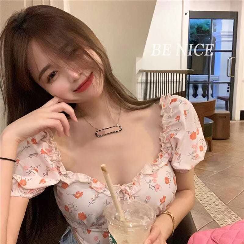 Áo Sơ Mi Ngắn Tay Cổ Vuông Lưng Cao Họa Tiết Hoa Thời Trang Cho Nữ