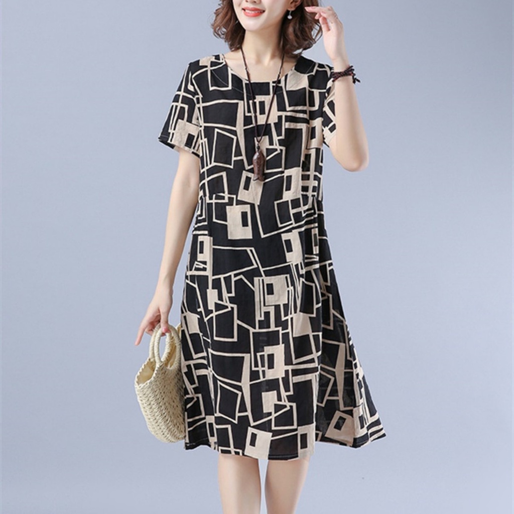 Đầm đũi suông nữ hoạ tiết trẻ trung, Váy Linen thiết kế cơ bản cổ tròn tay ngắn, chất liệu đũi mát