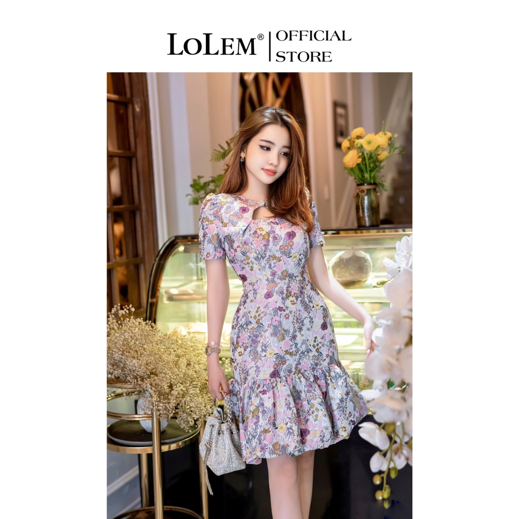 Đầm gấm dự tiệc LOLEM DX410 dáng xòe đuôi cá vải gấm hoa sang trọng