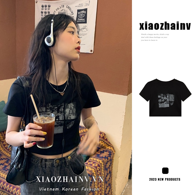 Áo thun XIAOZHAINV tay ngắn dáng ôm phong cách retro Hàn Quốc cho nữ