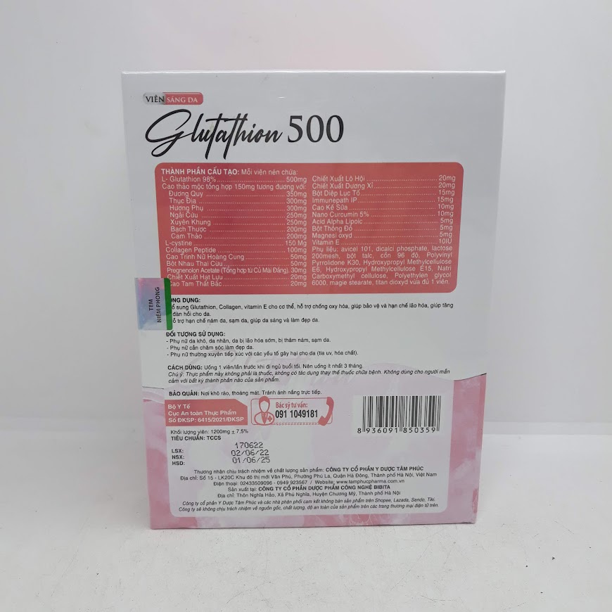 Glutathion 500 collagen viên uống trắng da lọ 30 viên Tâm Phúc