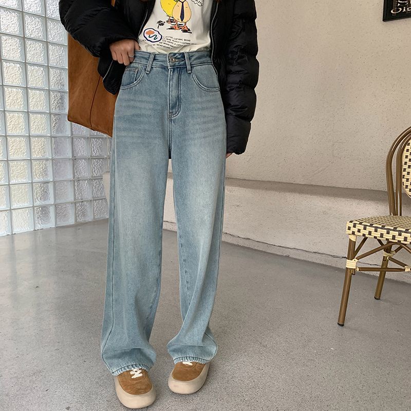 COZOK Quần jeans Nữ Lưng Cao Ống Rộng Phong Cách Retro