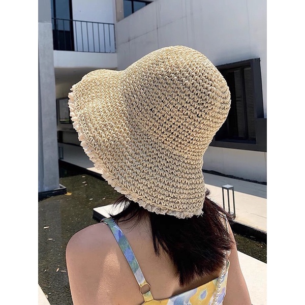 Mũ nón cói vành phối ren đi biển hè cho mẹ và bé MCL06