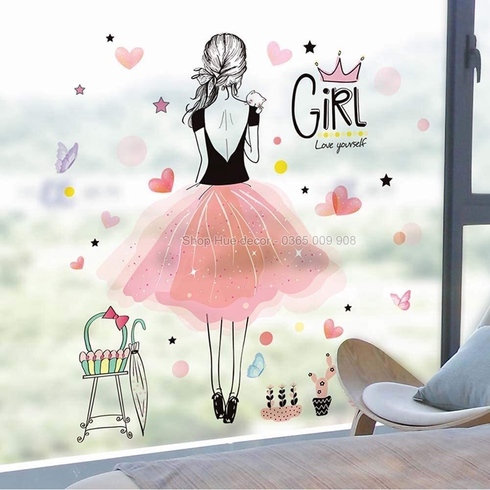 Decal dán tường cô gái  sẵn keo, chất lượng, giá tốt