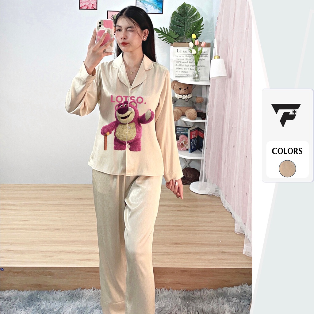 Bộ pijama Tơ Tằm Ánh Kim T13 in hình Gấu cute set đồ mặc nhà tay dài quần dài