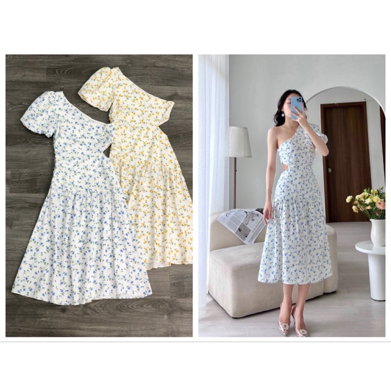 Đầm lệch vai hoa khoét eo