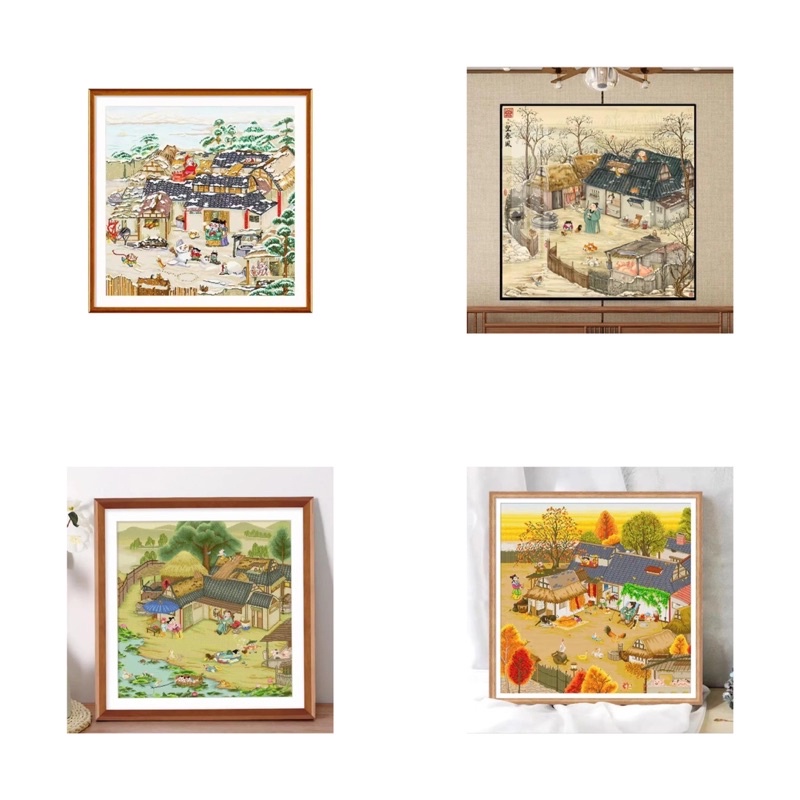 [ 9CT ] Bộ tranh thêu chữ thập vải kim tuyến Xuân, Hạ, Thu, Đông