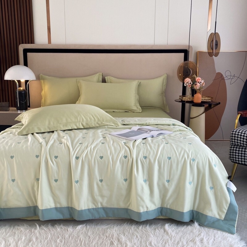 Set chăn ga 4 món lụa tim chăn trần hè màu pastel