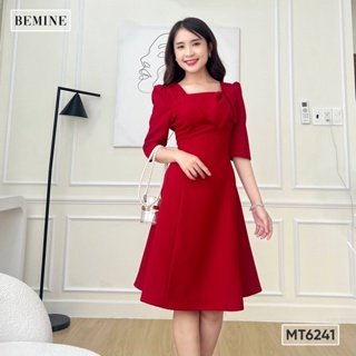 Đầm cổ vuông đính nơ ngực tay lửng BEMINE MT6241