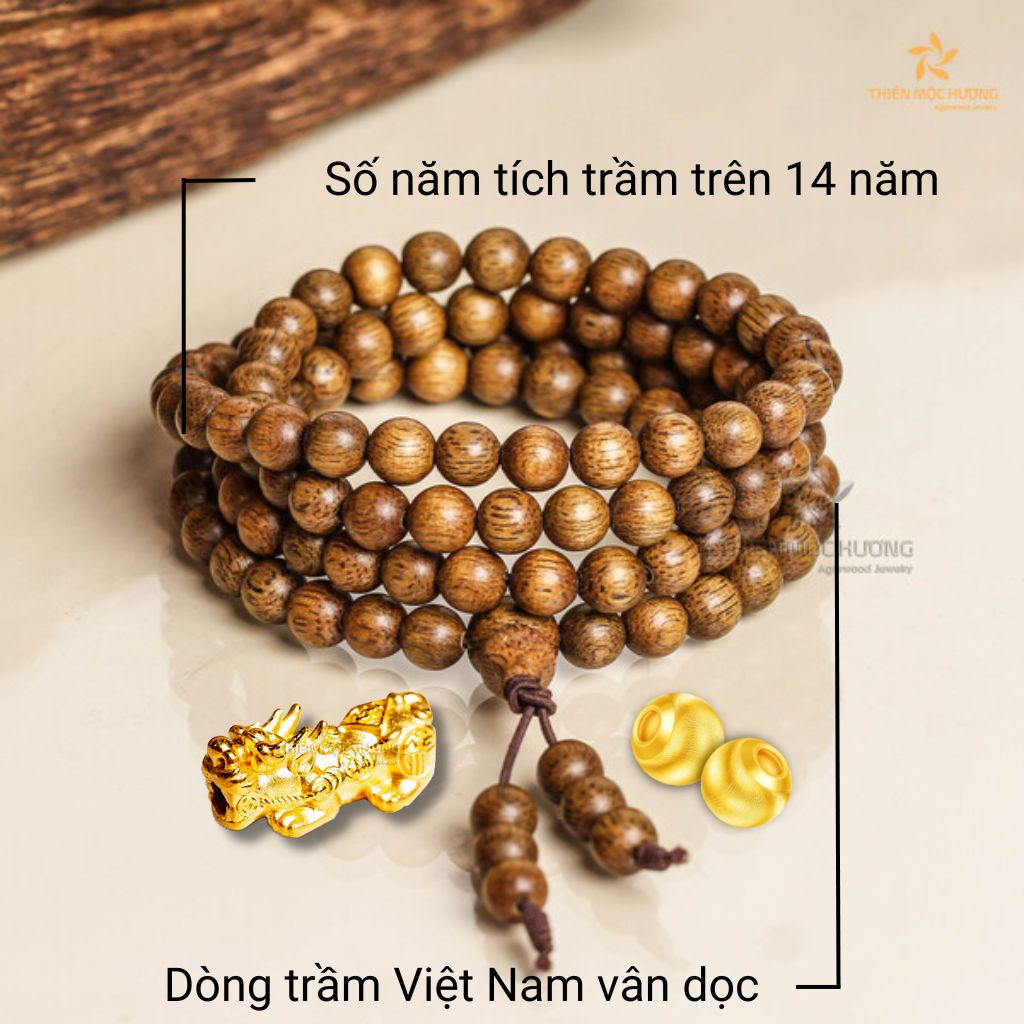 Vòng tay trầm hương 108 hạt Tỳ Hưu Việt Nam vân dọc Thiên Mộc Hương, trầm hương tự nhiên, số năm tích trầm trên 14 năm