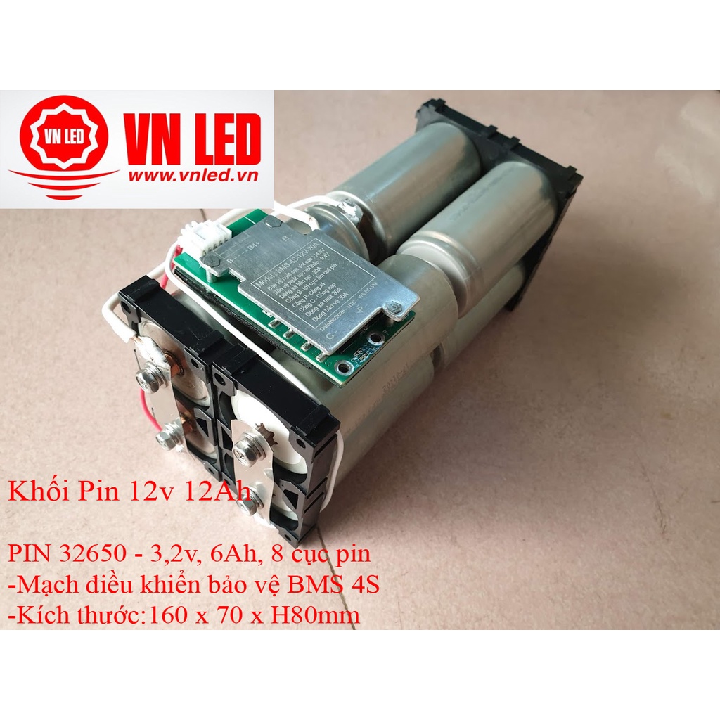 Khối Pin 12v 12Ah, Pin sạc Lithium sắt, 8 viên pin 32650, mạch bảo vệ BMS 4S Vol ra 12V