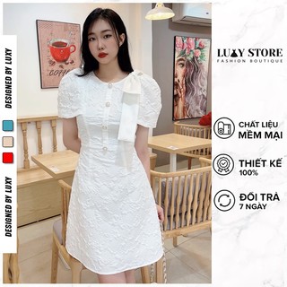 Đầm Trắng Thiết Kế LUXY V30419 Vải Xốp Hoa Cao Cấp Cổ Tròn
