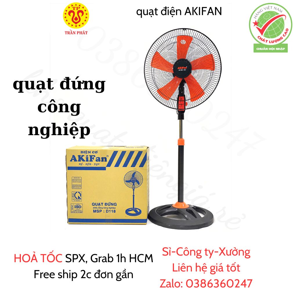 Quạt đứng công nghiệp 65W-quạt lửng thân sắt AKIFAN D118 3 tốc độ gió, bh24 tháng (senko,yanfan)