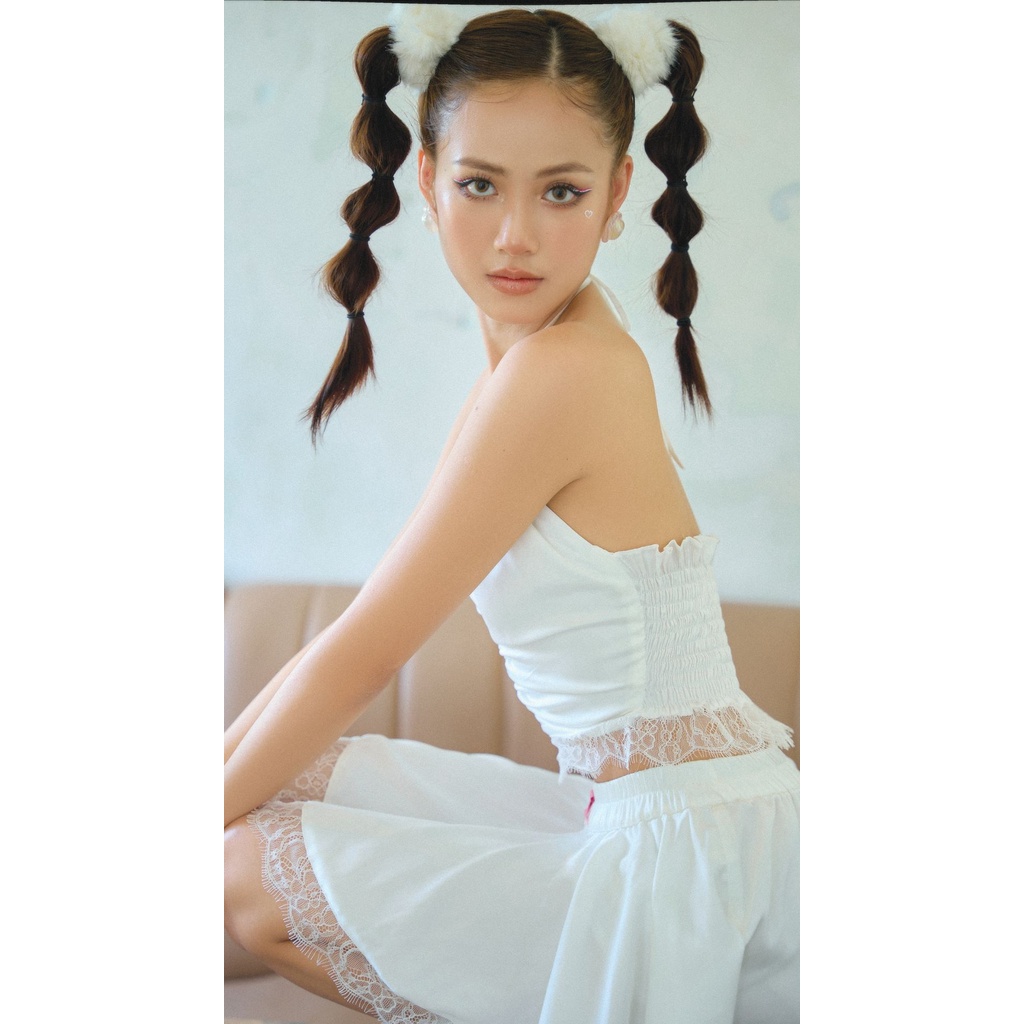 Cupid đồ mặc nhà đồ ngủ hiện đại dễ thương màu trắng cột dây yếm và váy quần đính nơ