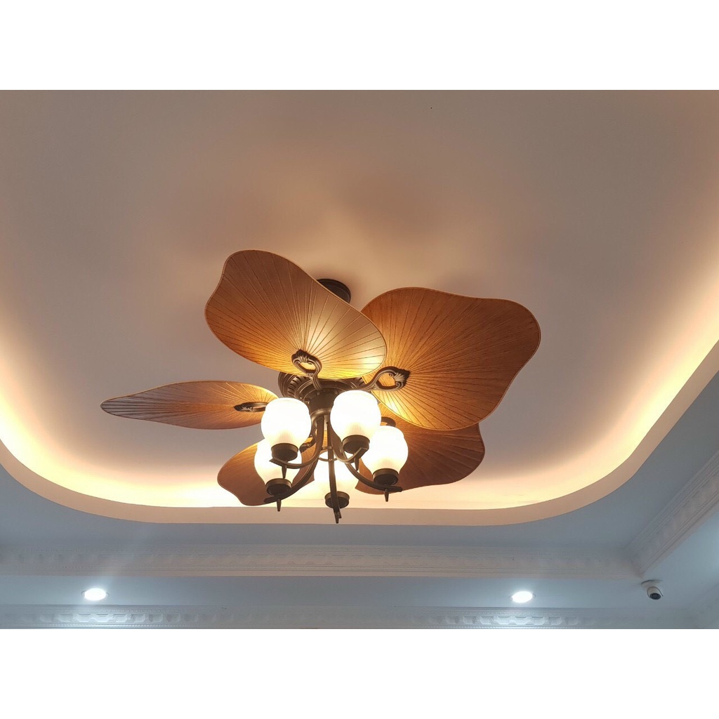 (Lõi Đồng 100%) Quạt Trần Cánh Lá Có Điều Khiển Từ Xa 6 Tốc Độ Mát Decor Biệt Thự Khách Sạn Nhà Hàng