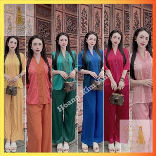 Áo bà ba phật tử nữ đi lễ chùa lụa gấm vân trơn lịch sự cách tân cổ v họa tiết truyền thống kèm quần may sẵn đủ màu