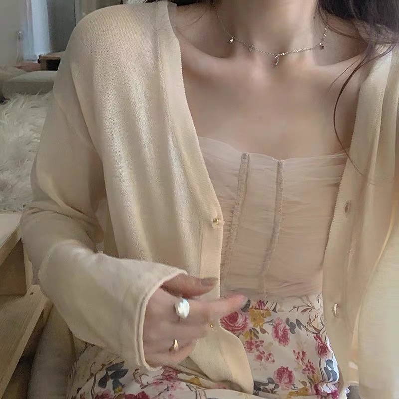 Áo khoác cardigan mỏng nhẹ phối áo hai dây che được bắp tay có bigsize