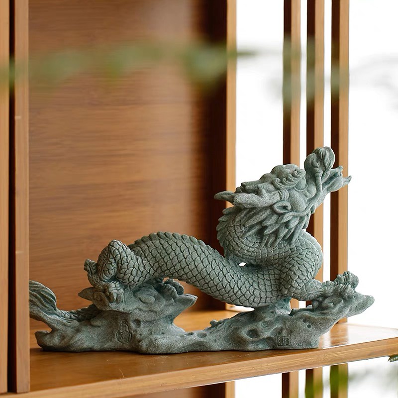 Tượng RỒNG CƯỠI MÂY Đá Sa Thạch Xanh trang trí bàn làm việc, bàn trà, quà tặng ý nghĩa