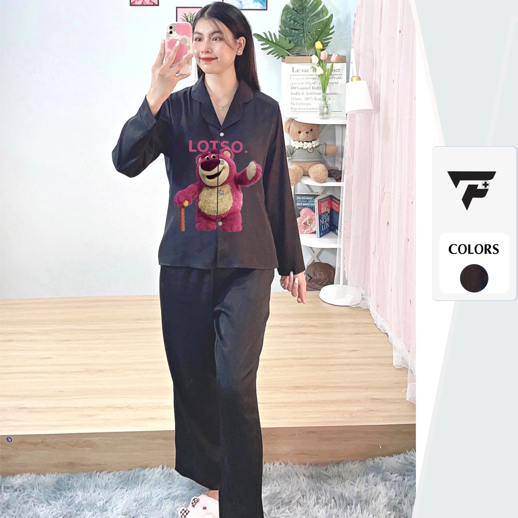 Bộ pijama Tơ Tằm Ánh Kim T13 in hình Gấu cute set đồ mặc nhà tay dài quần dài