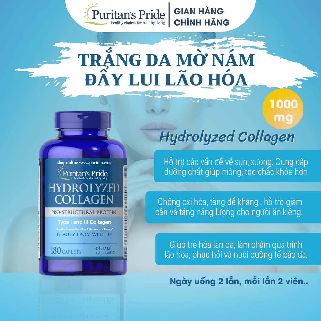 Viên uống collagen thủy phân giup trắng da, mờ nám Collagen Puritan's Pride Hydrolyzed Collagen 1000mg 180 viên