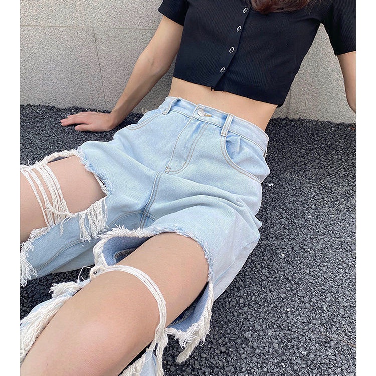 Jiashucheng Quần Jean Dài Lưng Cao Dáng Rộng Phối Rách Kiểu Retro Thời Trang Mùa Hè Cho Nữ