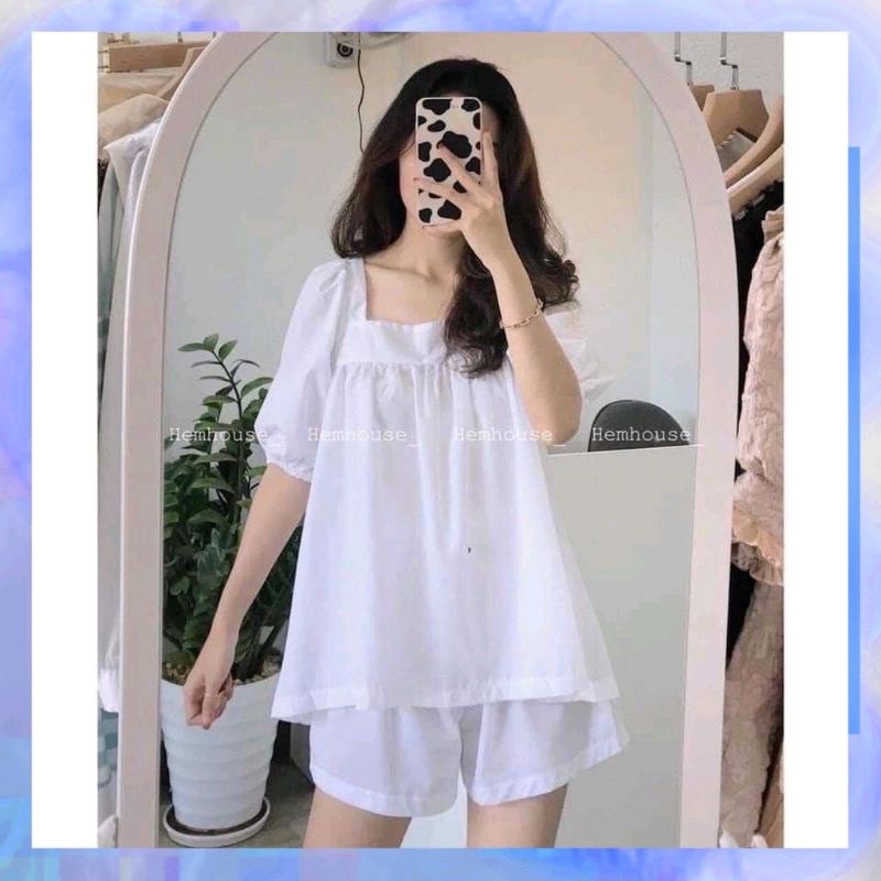 SET ĐỒ BABYDOLL CỔ VUÔNG SET Màu Trắng gồm áo và quần form chuẩn không kén dáng thiết kế sau lưng áo thắt nơ