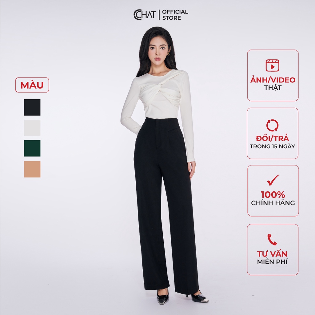 Quần Ống Rộng 𝐂𝐂𝐇𝐀𝐓 Dáng Suông Cạp Liền Chất Tuytsi Phong Cách Thanh Lịch 22QDS2032ST
