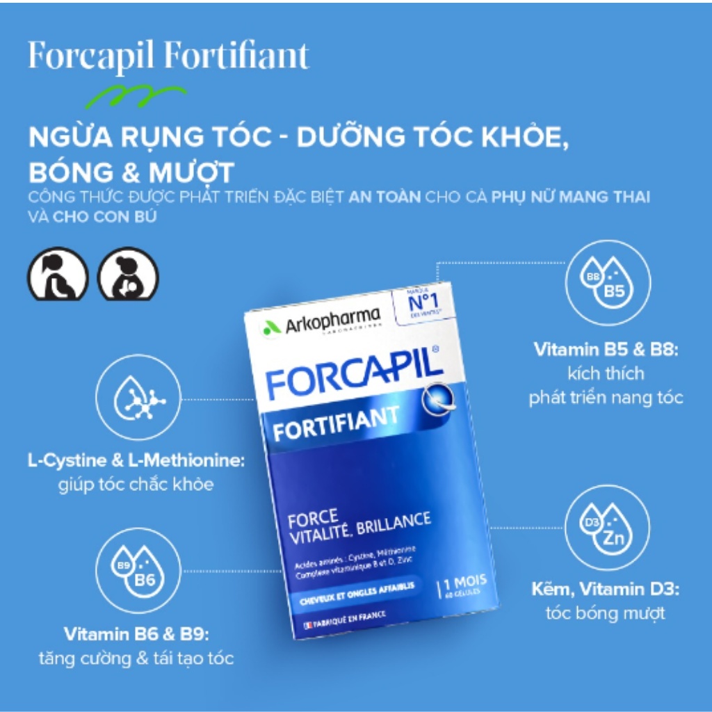 Viên uống ngừa rụng tóc, dưỡng tóc, mọc tóc Pháp Arkopharma Forcapil Fortifiant 60 viên/hộp