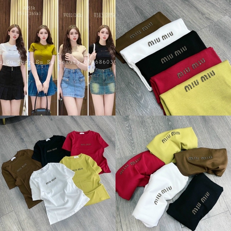 Áo thun dáng ôm cổ tròn chữ miu miu,Áo phông nữ trơn cộc tay