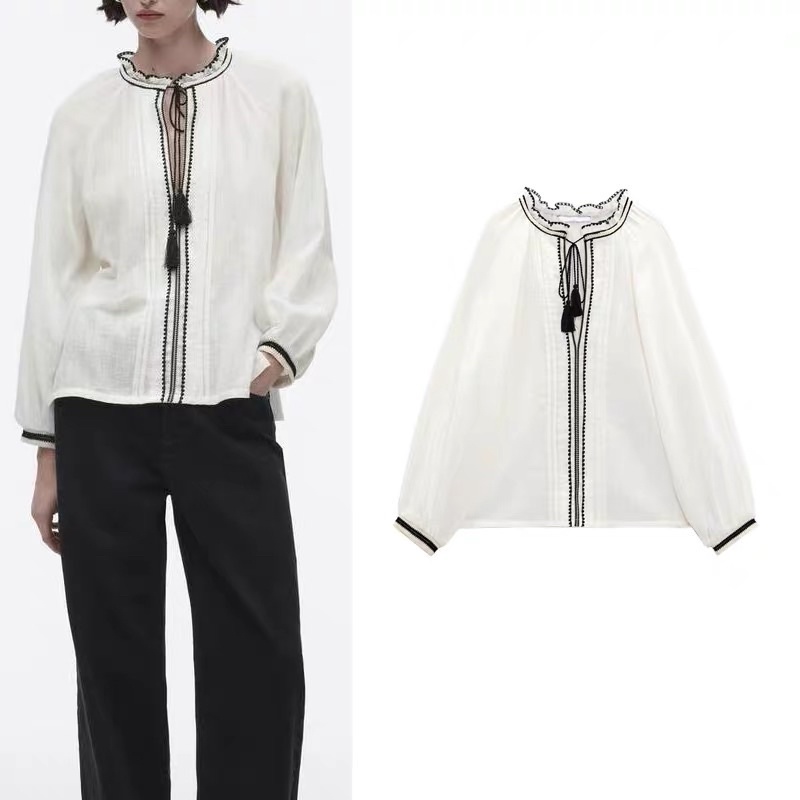 Áo sơ mi trắng dài tay viền đen mẫu Zara xuất dư xịn like aut 99% mẫu mới 2023