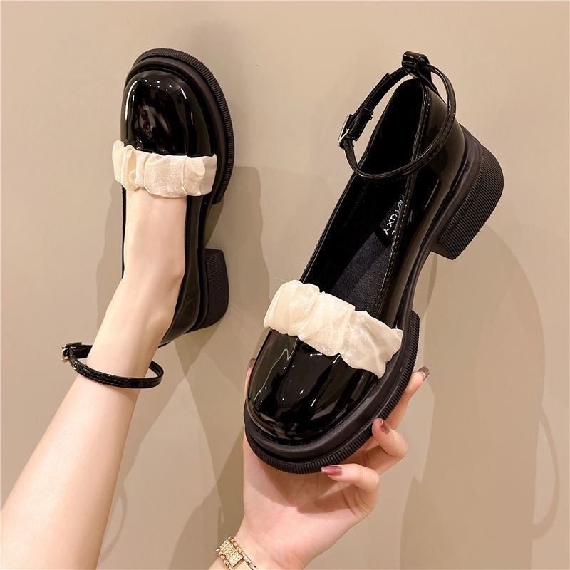 Giày da nhỏ jk Mary Jane gót dày phong cách Anh nữ