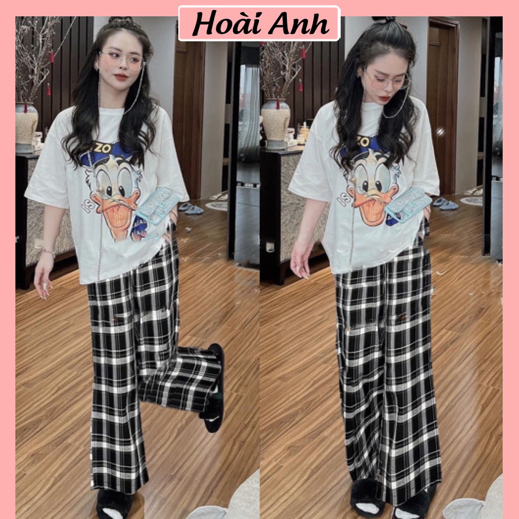 Set Bộ Đồ Nữ Áo Phông Thụng Vịt Mũ Xanh Mix Quần Suông Kẻ Caro Ống Rộng Freesize